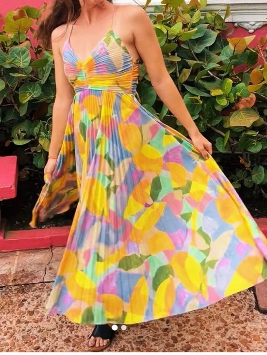 NWT ASTR the Label Blythe Floral Midi Dress yellow lilac abstract Sz M - Picture 5 of 11